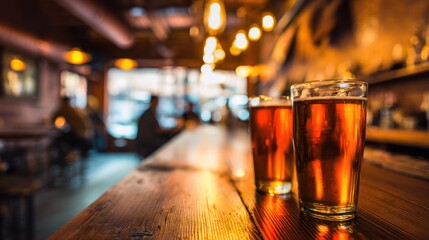Close-up of beer glasses on a rustic wooden bar with blurred tavern interior and warm glow.