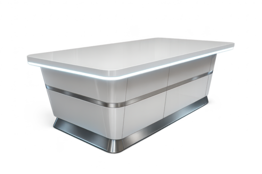 Modern white and silver reception desk with LED lights isolated on transparent background