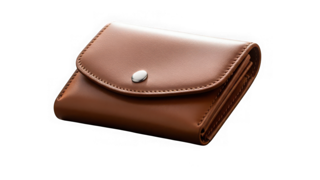 Elegant brown leather compact folding wallet with snap closure isolated on transparent background