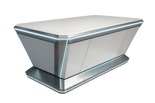 Futuristic white display stand with glowing blue lights, isolated on transparent background