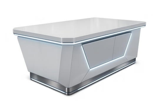 Futuristic white reception desk with glowing lights, isolated on transparent background