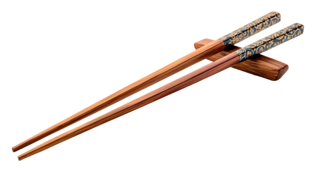 Elegant wooden chopsticks with decorative tips on a rest isolated on transparent background
