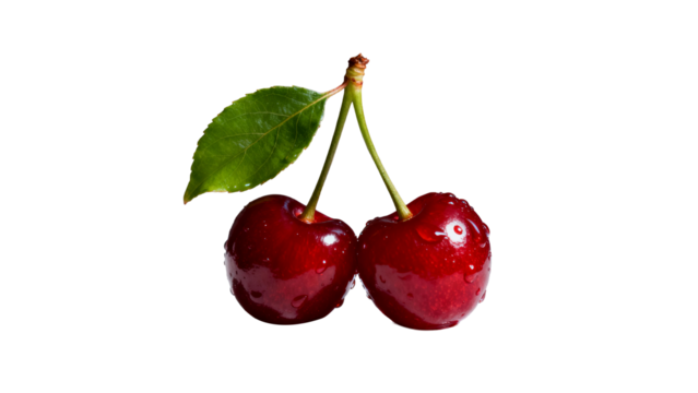 Fresh cherries on a branch with droplets of water reflecting morning light