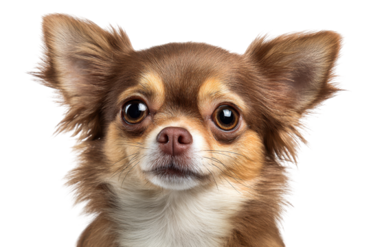 Close up portrait of a tan chihuahua dog isolated on transparent background. Close-up portrait of a small tan chihuahua dog isolated on white background.