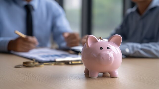 Piggy bank with coins and people reviewing documents - Powered by Adobe