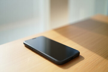 Modern Smartphone on Wooden Table for Mobile Technology Communication Device Display and Cellular Connection in Contemporary Workspace