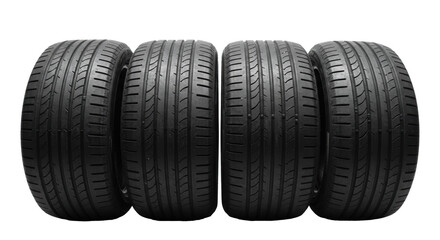 four new, deep black summer automotive tires perfectly aligned in a horizontal row, ultra-detailed tread texture, against a transparent studio background. concept of expert car service and