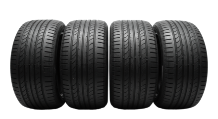 four new, deep black summer automotive tires perfectly aligned in a horizontal row, ultra-detailed tread texture, against a transparent studio background. concept of expert car service and