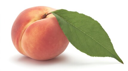 A ripe peach with leaves on a clean white background highlights the freshness of the fruit.