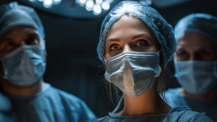 Surgical team focused and prepared for a critical operation in a darkened operating room, highlighting precision and teamwork during a complex medical procedure - Powered by Adobe