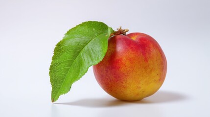 A single ripe peach with a leaf on a clean white background, highlighting the freshness of the fruit. menu design.