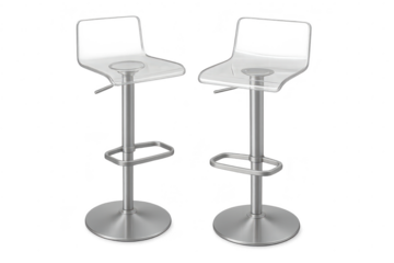 Two modern transparent bar stools with metal bases, isolated on a clear background