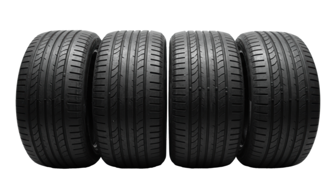 four new, deep black summer automotive tires perfectly aligned in a horizontal row, ultra-detailed tread texture, against a transparent studio background. concept of expert car service and