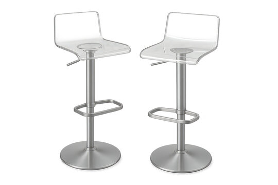 Two modern transparent bar stools with metal bases, isolated on a clear background