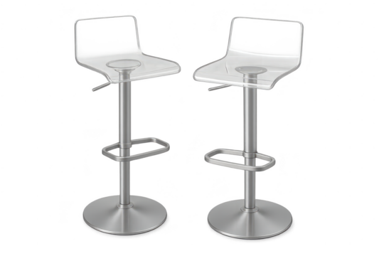 Two modern transparent bar stools with metal bases, isolated on a clear background