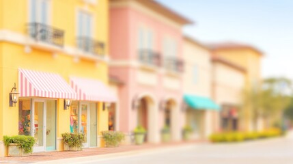Pastel-colored boutique exterior with charming architectural details in daylight. real-estate listings.