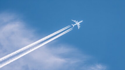 A passenger plane is soaring in the deep blue sky, with white trails and soft clouds intertwined.