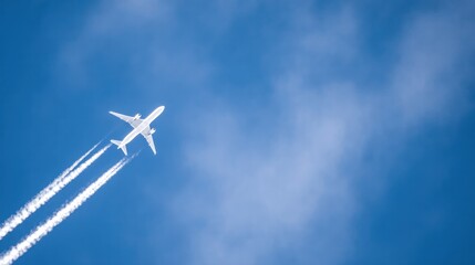 Passenger jet soaring through a clear blue sky with white contrails and soft clouds. mobility guides, transit brochures, designed for mobility and urban transit guides.