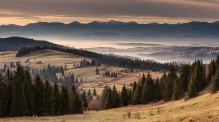 Misty mountainous landscape at dawn with golden light over panoramic foothills. travel magazines, destination branding, designed for outdoor magazines and nature guides.