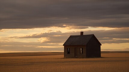 Under the warm sunset glow, a lonely hut on the vast grassland. Inspiring travel planning, travel magazine