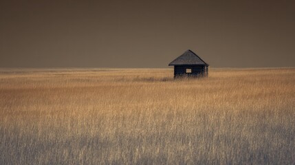 A solitary cabin on a vast prairie under the warm glow of sunset. inspiring travel planning, travel magazines, designed for outdoor magazines and nature guides, used by ux designers.