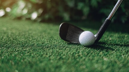 Close-up of a putter and golf ball on a bright fairway, emphasizing focus and precision in the sport.