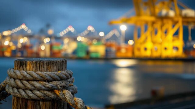 Weathered bollard and nautical rope in sharp focus, reflections on wet dock surface, distant port cranes and container stacks softened into bokeh