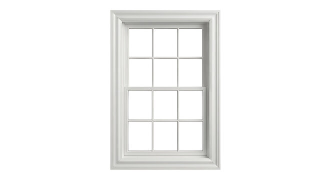 Classic White Single-Hung Window with Grilles, Architectural Double-Hung Window Design, Traditional Vertical Sash Window Frame, Residential Vinyl Replacement Window, Interior Exterior Casement Window 