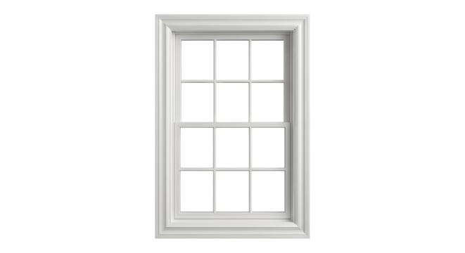 Classic White Single-Hung Window with Grilles, Architectural Double-Hung Window Design, Traditional Vertical Sash Window Frame, Residential Vinyl Replacement Window, Interior Exterior Casement Window 