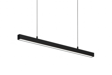 Modern black linear LED pendant light isolated on transparent background