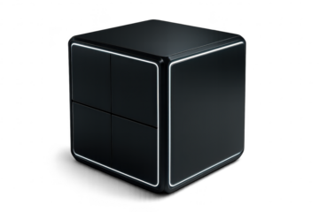 Sleek dark futuristic cube with glowing white lines, isolated on transparent background.