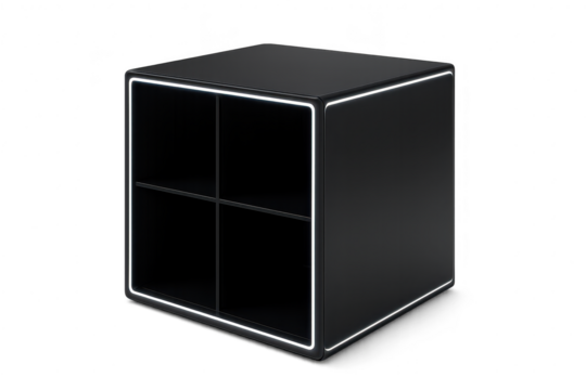 Black cubic storage with glowing white lines, isolated on transparent background