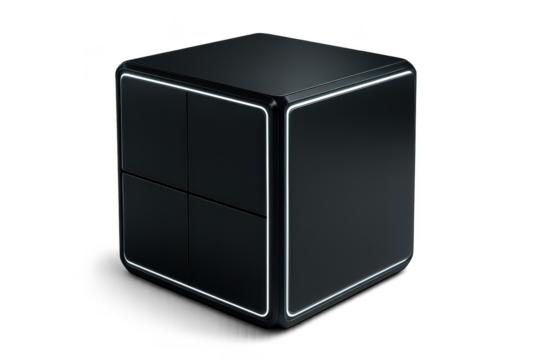 Sleek dark futuristic cube with glowing white lines, isolated on transparent background.