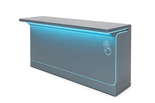 Modern gray counter with blue LED lighting and touch icon, transparent background.