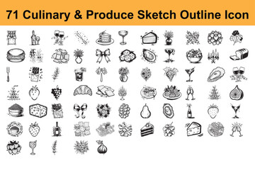 Culinary and produce sketch outline icon set featuring various gourmet food items and ingredients in detailed hand drawn style collection