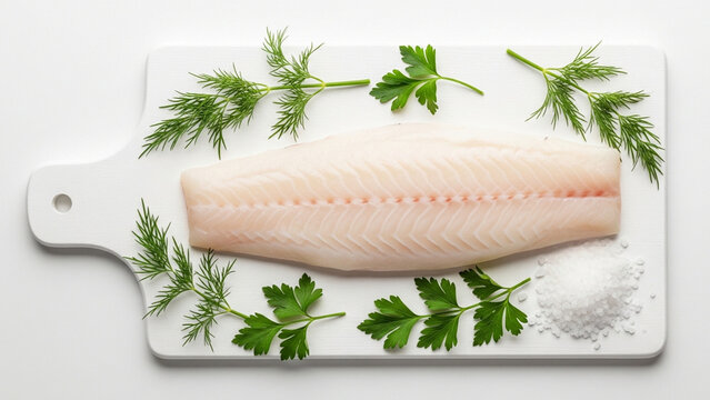 Fresh Raw White Fish Fillets on Black Board with Herbs