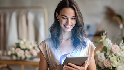 Smiling wedding planner with tablet computer in elegant bridal studio surrounded by beautiful floral arrangements during wedding preparations