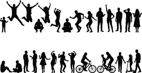 Silhouette people poses, walking, dancing, sitting, jumping, scooter, bicycle, lifestyle, behavior, interaction, body language, urban, casual, motion, expressive, social, dynamic, leisure
