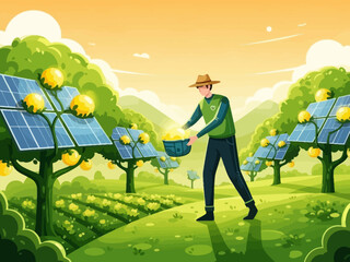 Man harvests glowing yellow energy from solar panels integrated with lush trees.