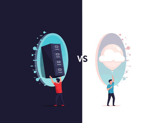 Modern cloud computing versus traditional on-premise data storage solutions comparison illustration.