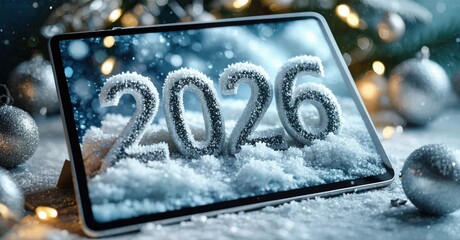 Tablet displays frosted numerals 2026 amid snow. Festive ornaments surround device, creating winter holiday scene. Bright bokeh lights visible.