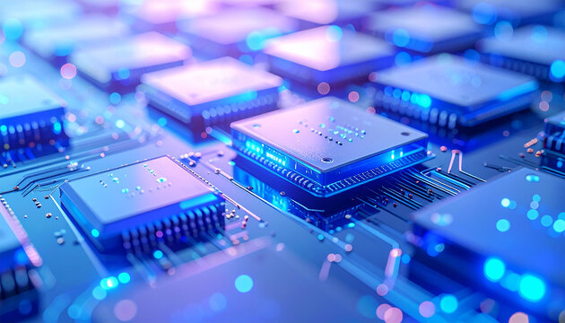 Digital Circuitry: A close-up view of a high-tech circuit board with multiple processing units, glowing with bright blue lights, represents the complex of modern technology.