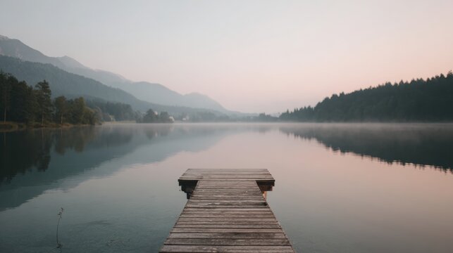 Landscape photograph of a lake with a wooden pier in the foreground. the pier is made of wooden planks and extends into the water. - Powered by Adobe
