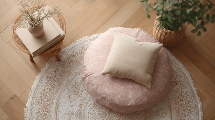 Round ottoman in a room with wooden flooring. the floor is covered with a white and orange patterned rug with a floral design. on top of the rug, there is a beige throw pillow with a textured pattern.