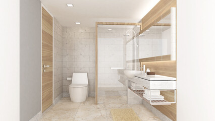 bathroom interior with a shower toilet and a sink,Side view. 3D Rendering