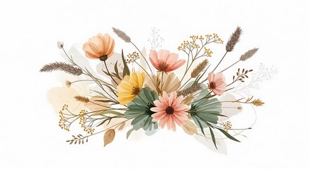 Ethereal floral arrangement with watercolor textures perfect for bohemian wedding invitations and delicate branding projects bringing a touch of natural elegance