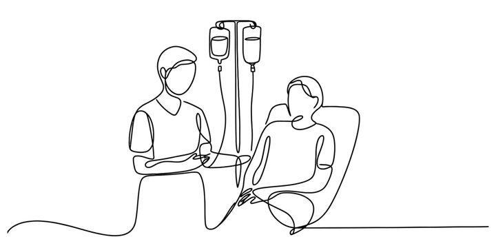 Continuous line art illustration: healthcare professional assisting a patient with intravenous therapy, symbolizing medical care and support. Vector, illustration