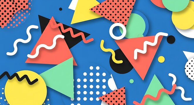 Vibrant retro 80s style background with geometric shapes offers a dynamic and playful design for branding, marketing, or creative projects - Powered by Adobe