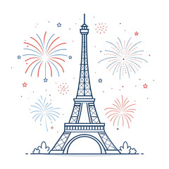 Fototapeta premium A minimal Eiffel Tower design accented with small abstract fireworks creating a festive modern visual highlighting