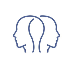 Dual human head profile icon, illustrating communication, shared thinking, psychology concepts, teamwork understanding, mental connection and collective intelligence flat vector illustration.